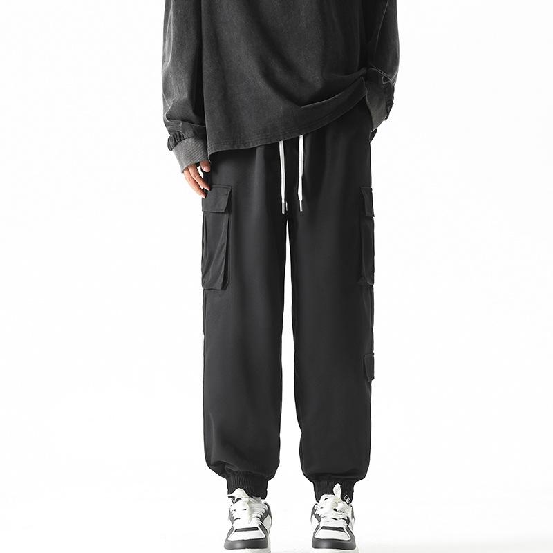 

Casual pants men s spring and autumn loose tied feet versatile tooling large size thin more pockets elastic waist solid color cyan M