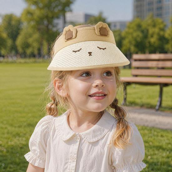 Children Sun Hat, Adjustable Elastic Headband Summer Hat, Breathable Hollow-Top Design Kids Hat, Foldable Bunny Ears Cartoon Print Outdoor Hat