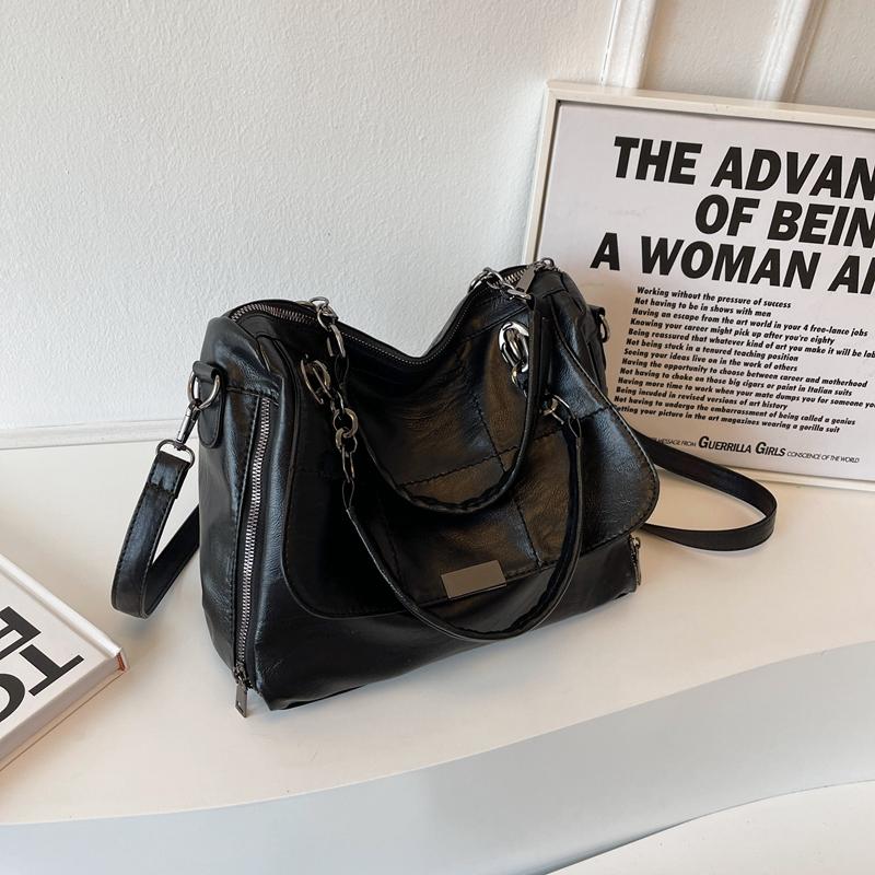 Retro Large Capacity Tote Bag  New Women's Unique Side Zipper Design PU Crossbody Bag Commuter School Classroom Lady Handbag