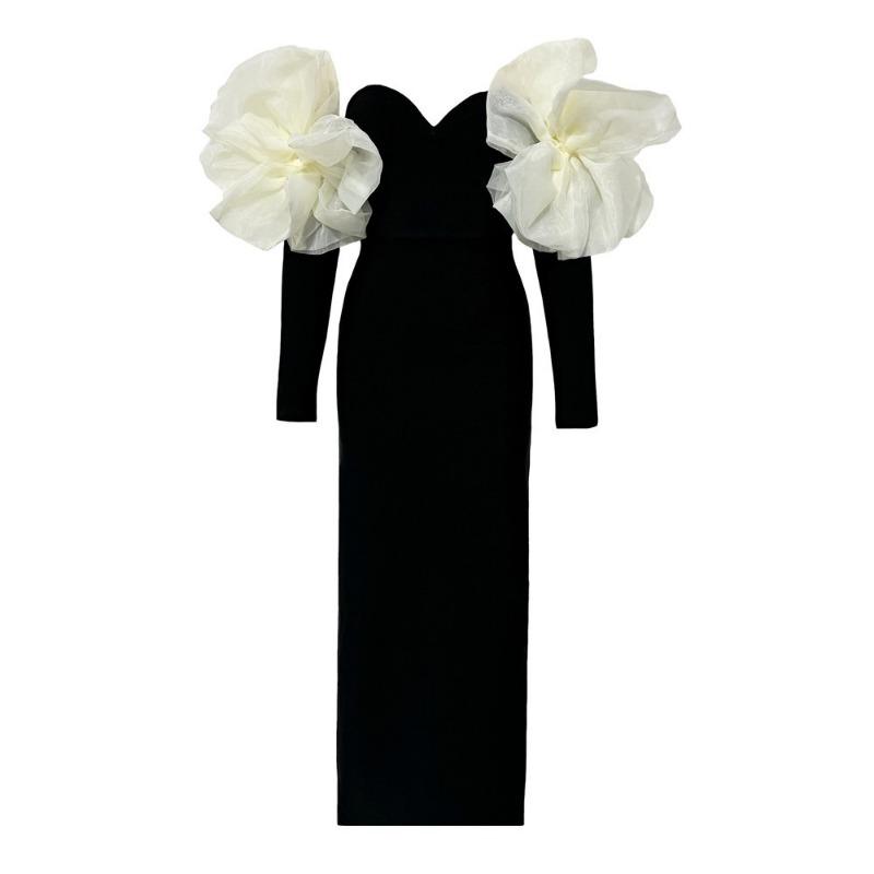 Women's celebrity style new hip bandage dress temperament elegant fashion splicing one-word shoulder dress