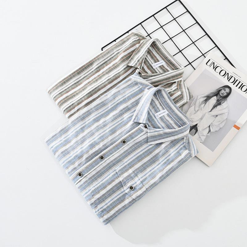 Spring and Summer Cotton Linen Men Tops Japanese Style Vintage Striped Long Sleeve Shirt Male Daily Square Button Shirt with Pocket