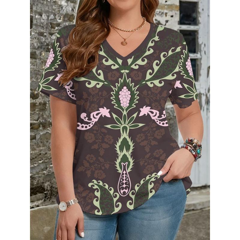 Summer Ethnic Style Floral 3D Print T-Shirts Women's V-Neck Short Sleeve T Shirt Y2k Harajuku Tees Casual Tops Female Clothing