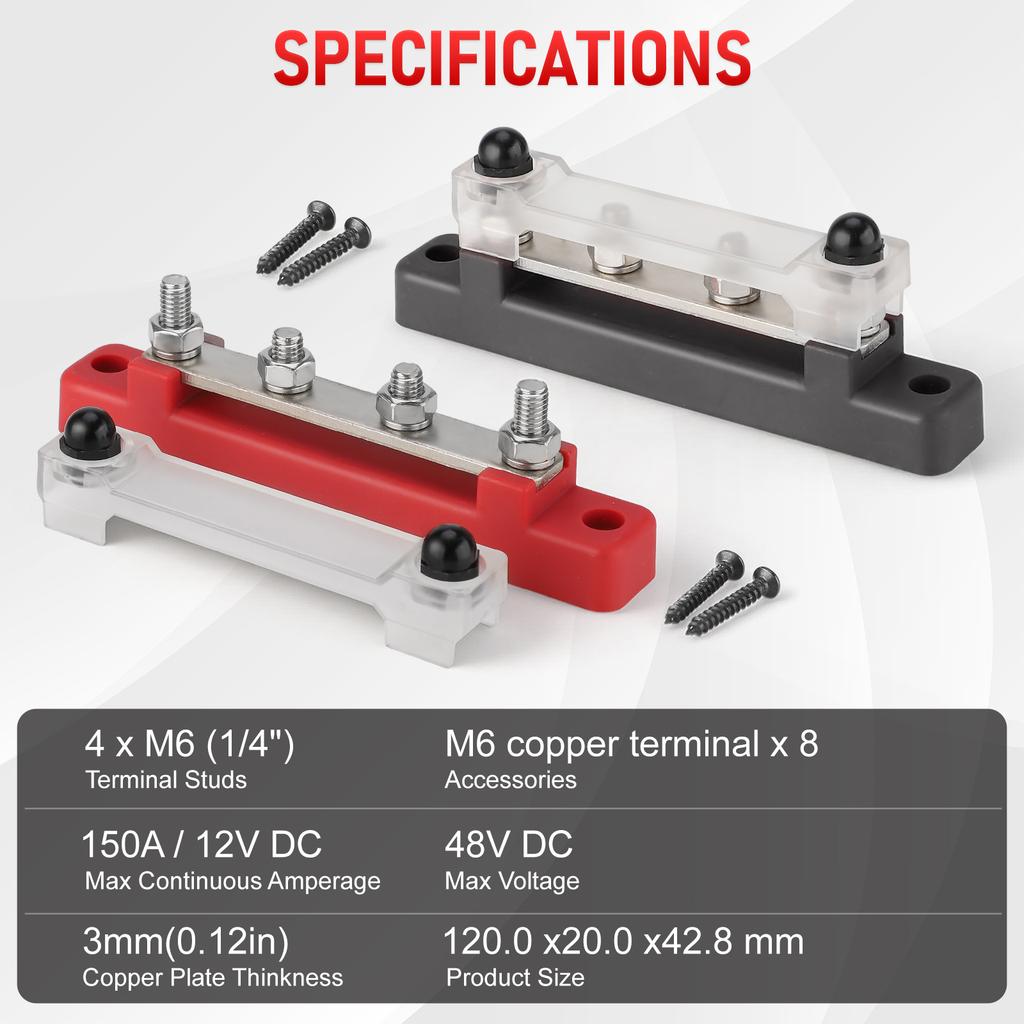 Bloc de distribution d'alimentation à 4 bornes 48V 150A Goujon M6 1/4" Barre omnibus en cuivre nickelé Pour câblage marin, automobile, camping-car, solaire Borne rouge