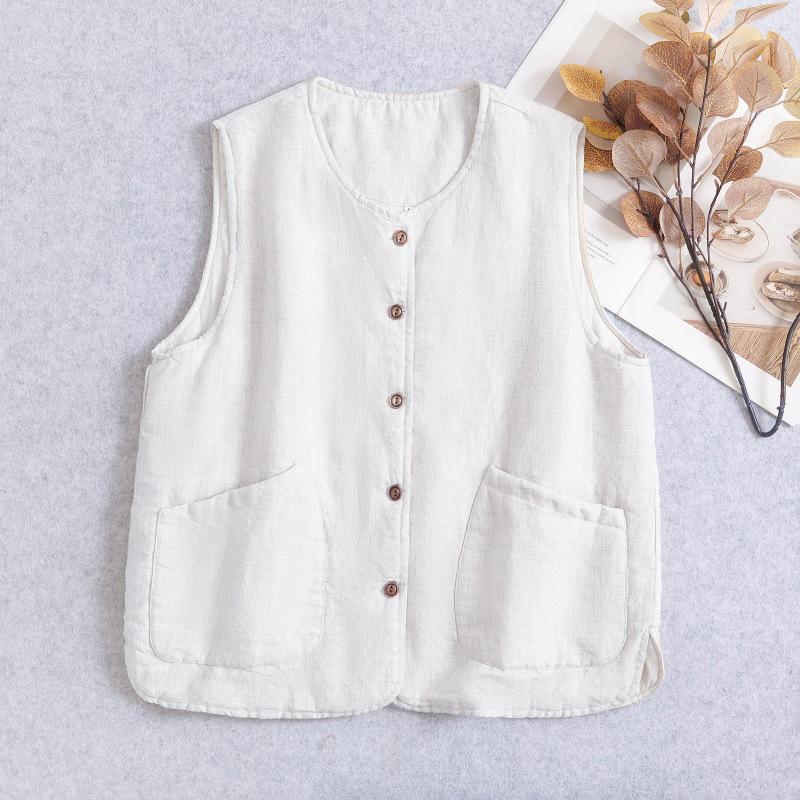 Warm Yangyang Women s Retro Pitaya Cotton-Linen Padded Vest - Autumn/Winter 2025 XL бежевый