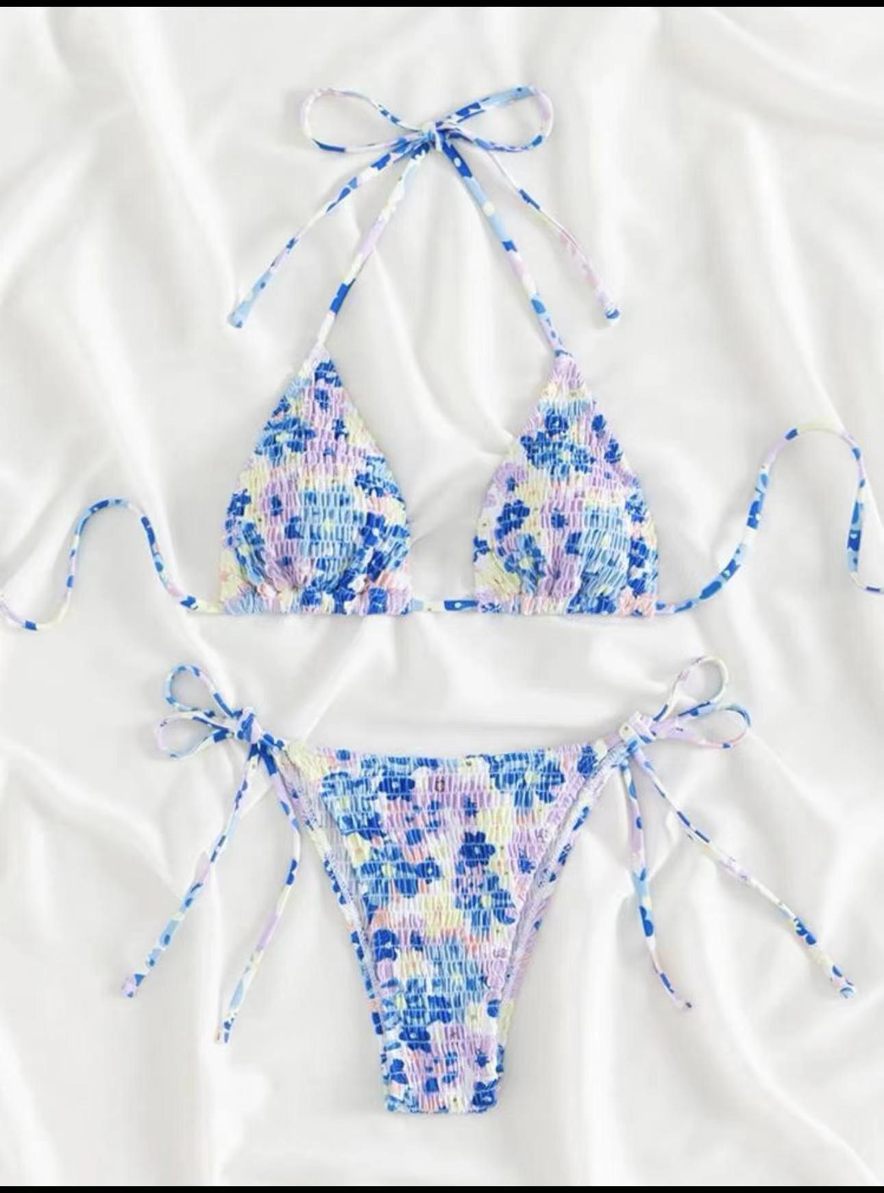 

Small floral fresh color print pleated bikini soft cup small chest gathering hot spring seaside vacation swimsuit women Wholesale, one-size-fits-all