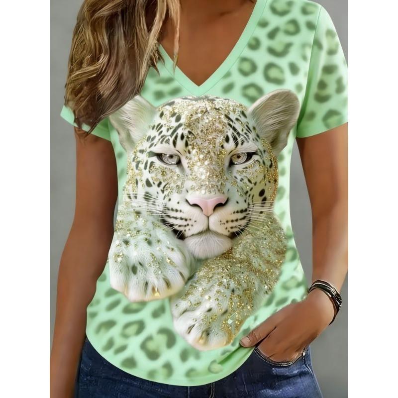 T-shirt estiva casual da donna con scollo a V e maniche corte, con alla moda stampa 3D, adatta per uscite o per stare a casa