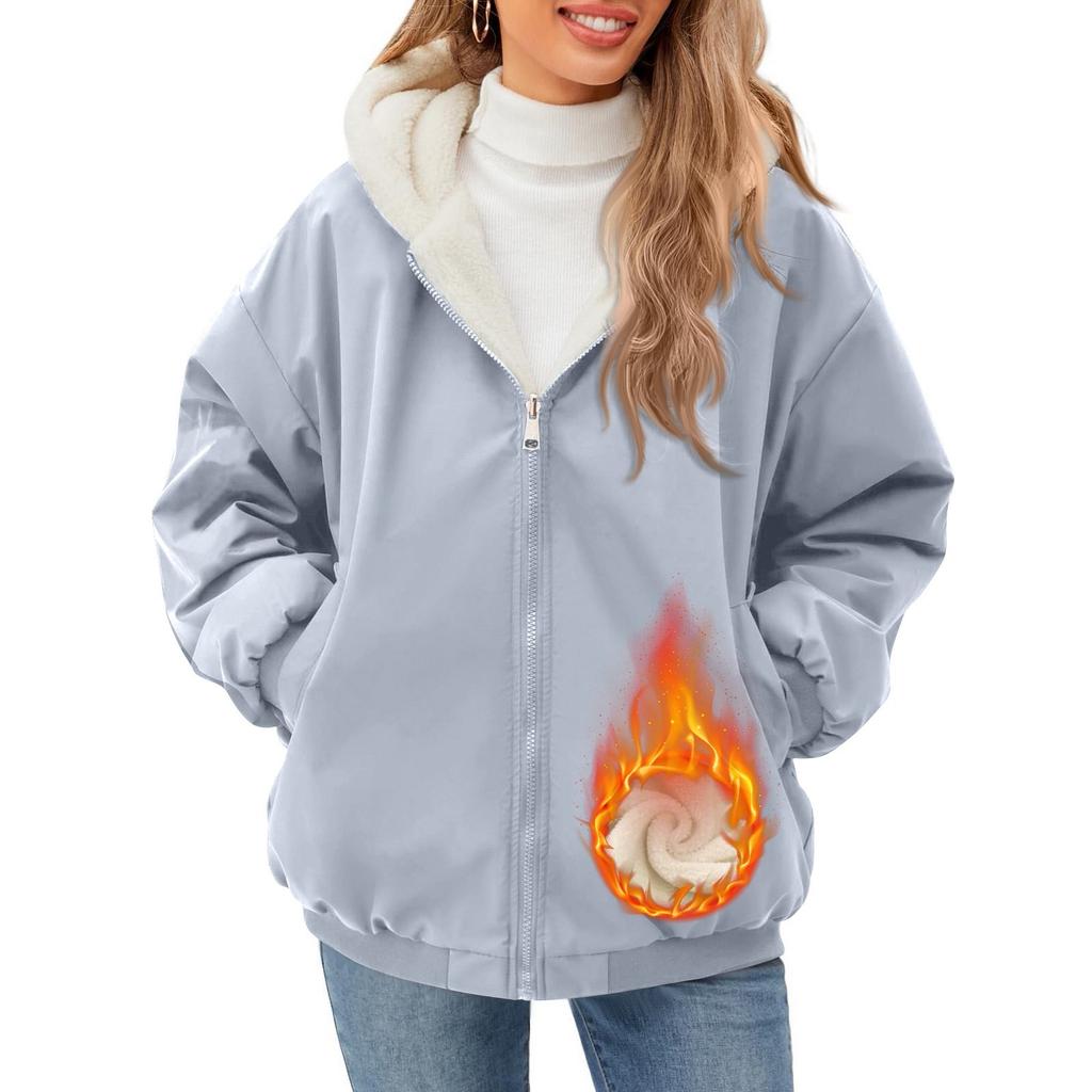 Damska Polarowa Zimowa Kurtka Bluza z Kapturem Dwustronna Długi Rękaw Casualowa Bluza Płaszcz z Kieszeniami