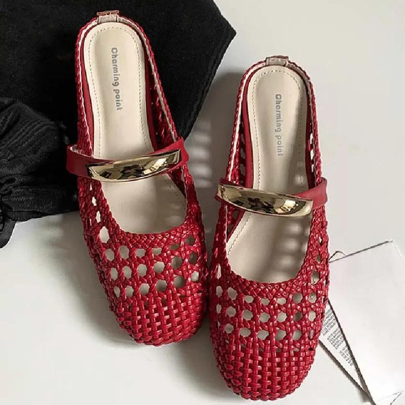 

Fashion Handmade Woven Hollow Mesh Flat Slippers Women Fashion Metal Decoration Design Brand Sandal Summer Comfort Vacation Beach Sandal 39 красный