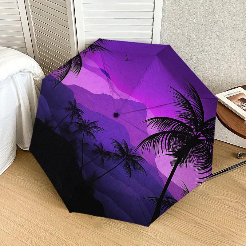 1PC Palm Trees Purple Landscape Pattern Small Travel Compact Windproof Umbrella, Automatic Folding Umbrella, Automatic Open/Close ,Gift-171