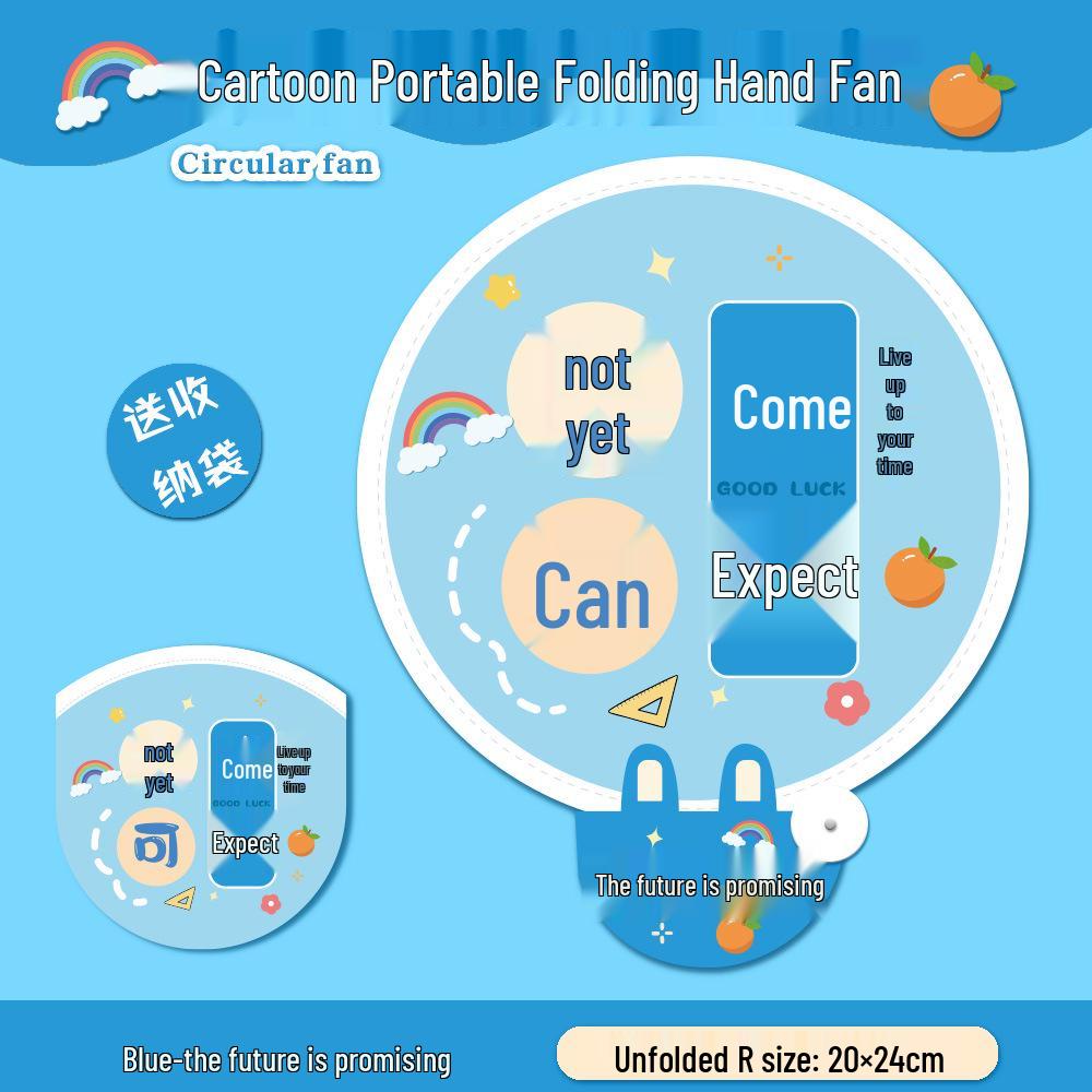 Mini Inspirational Text Folding Fan: Cute, Portable, Round Cloth Surface for Summer Cooling.