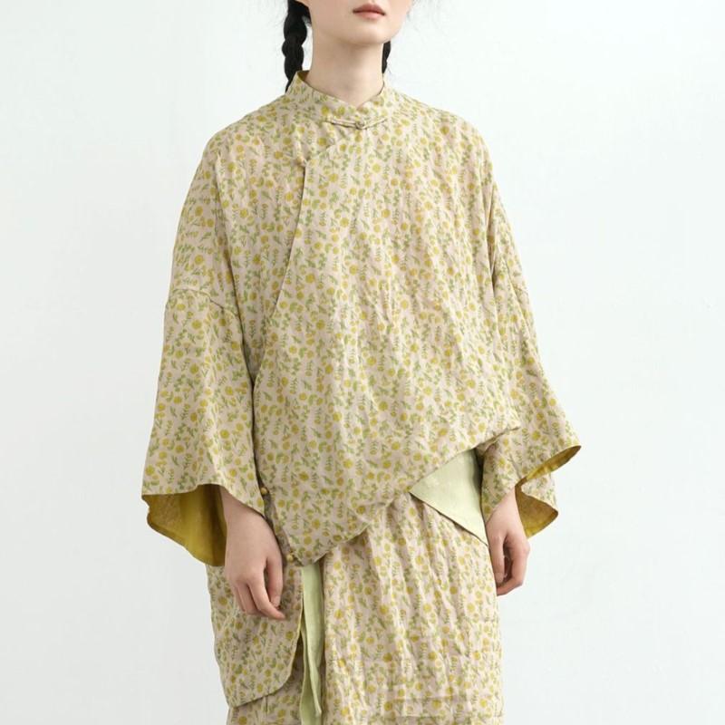 Johnature Women Chinese Style Shirts Stand Seven Sleeve Print Floral Blouses Summer Button Vintage Shirts