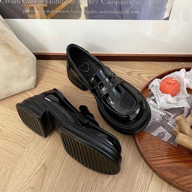 Round Head Platform Single Shoes Women's Black College Style Small Leather Shoes Versatile British Dress Shoes Shoes