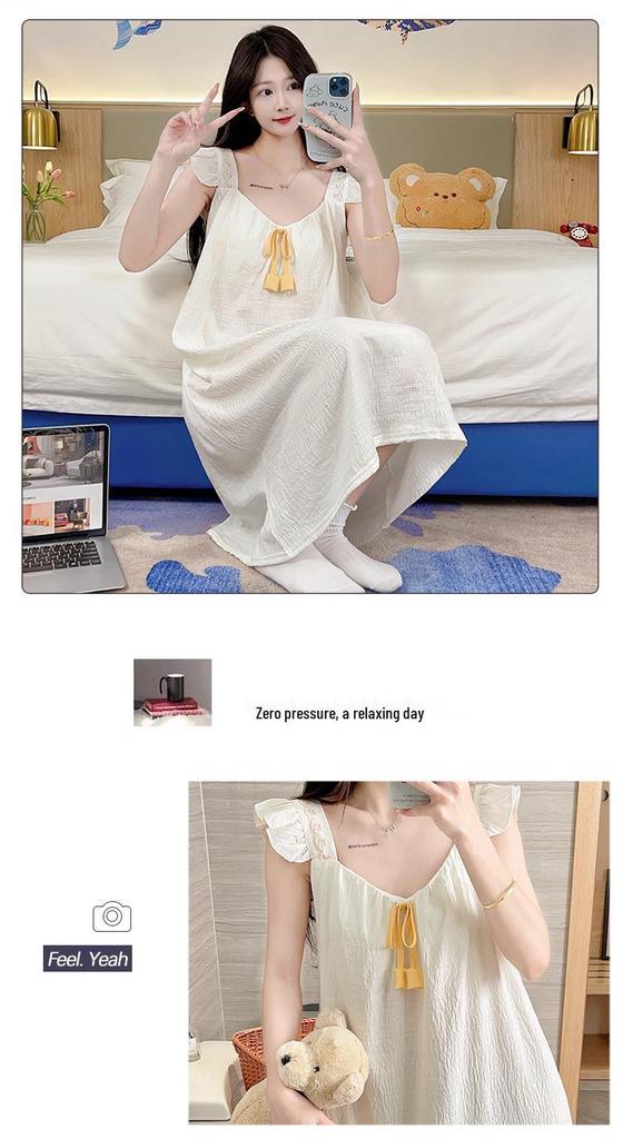 Women's Summer Sweet Princess Cotton Pajamas with Built-in Bra, Plus Size 220 Jin Long Camisole Nightgown