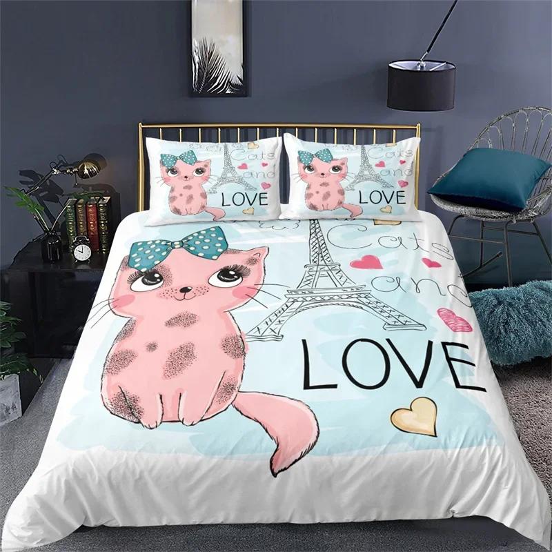 3D Cute Cat Print Bedding Set Lovely Animal Duvet Cover Set Pet Bedroom Decor Cozy Home Textile Twin Full Size For Kid Teen Girl