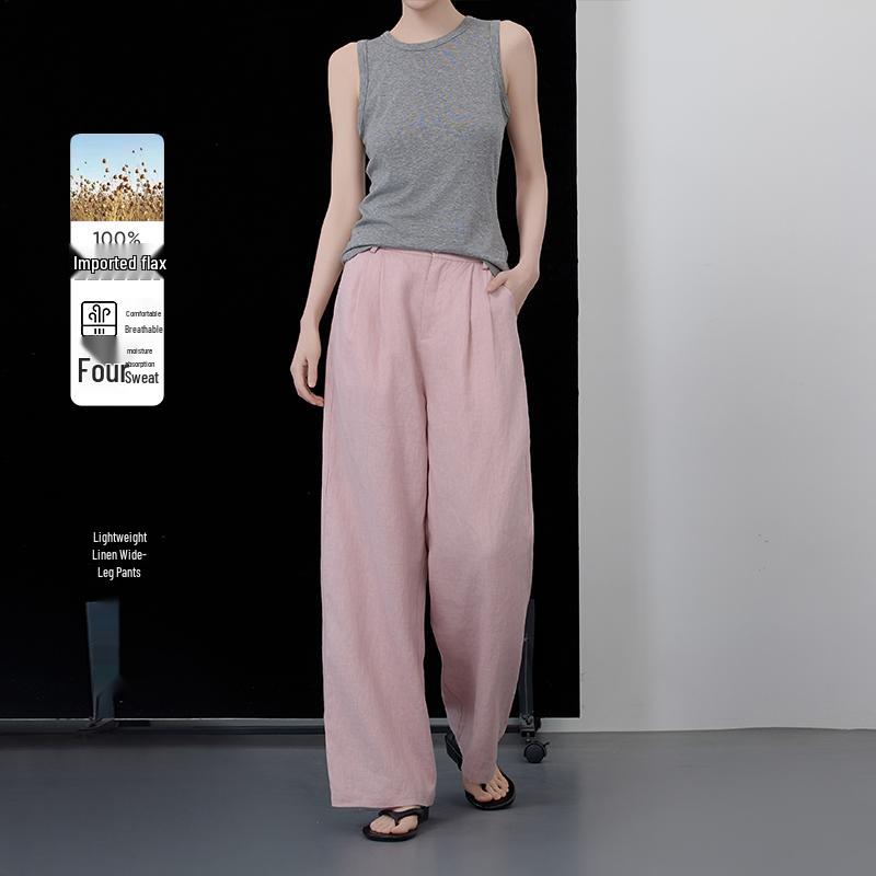 Women s Summer Pink Linen Wide-Leg Pants - Old Money Style, Breathable, White, Straight-Leg, Casual S
