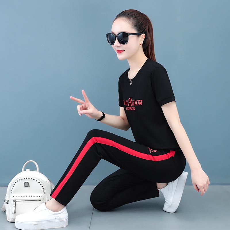 95% Cotton Elastic Stylish Women's Summer Leisure Sports Set: Short-Sleeved T-Shirt & Trousers