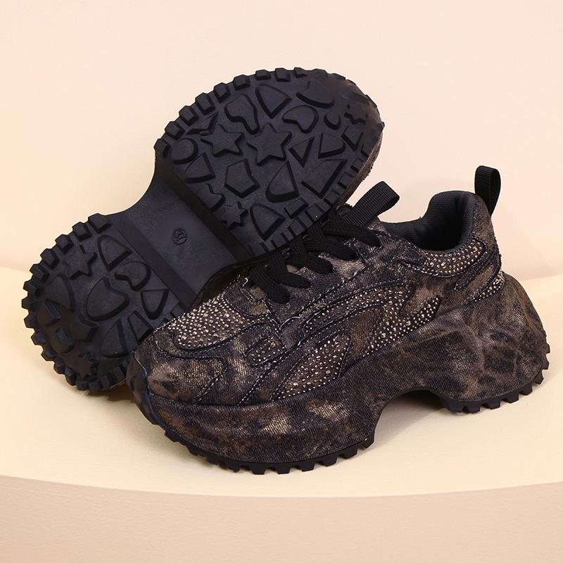 Fashion Fashion Rhinestone Chunky Sneakers Women Blue Denim Thick Sole Lace Up Sports Shoes Woman Plus Size Non Slip Platform Sneakers