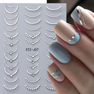 3D Cyrkonie Srebrne Faliste Linie Naklejki Naklejki Pasek Perła Koronka Ozdoby do Paznokci Samoprzylepny Żelowy Slider Manicure