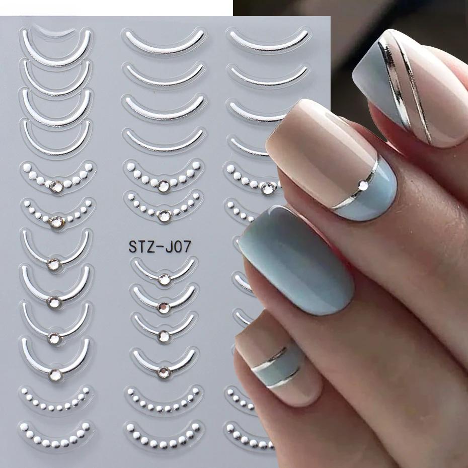 Strass 3D Linee Ondulate Argentate Adesivi per Unghie Decalcomanie Striscia Pizzo Perla Decorazioni per Nail Art Autoadesivi Gel Slider Manicure