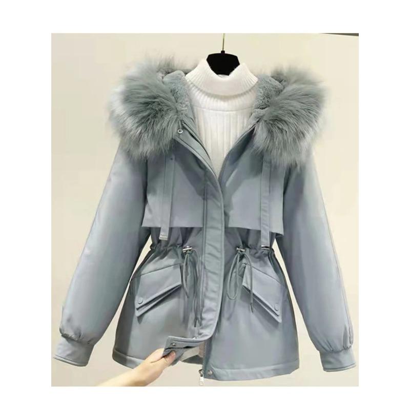 Cotton Padded Plus Size 2XL Winter Big Fur Jacket Women Loose Slim Warm Hooded Parka Coat Down Jacket