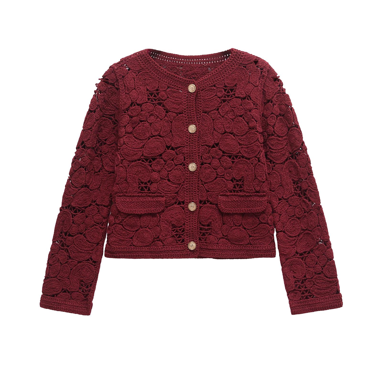 

2025 Весна Женский Европейский и Американский Стиль Плетение Узлом из Веревки Кардиган с Длинным Рукавом и Круглым Вырезом Small вино красного