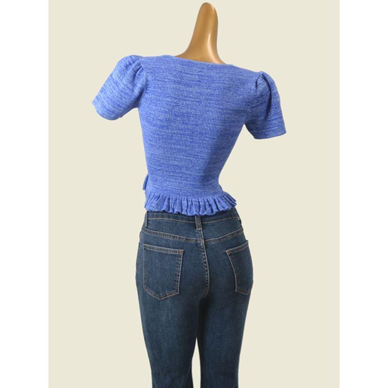 Export Ruffle V-neck Knitting Short-Sleeved T-shirt Export High Waist Short Puff Sleeves Sweet Sexy Chic Bottoming Shirt