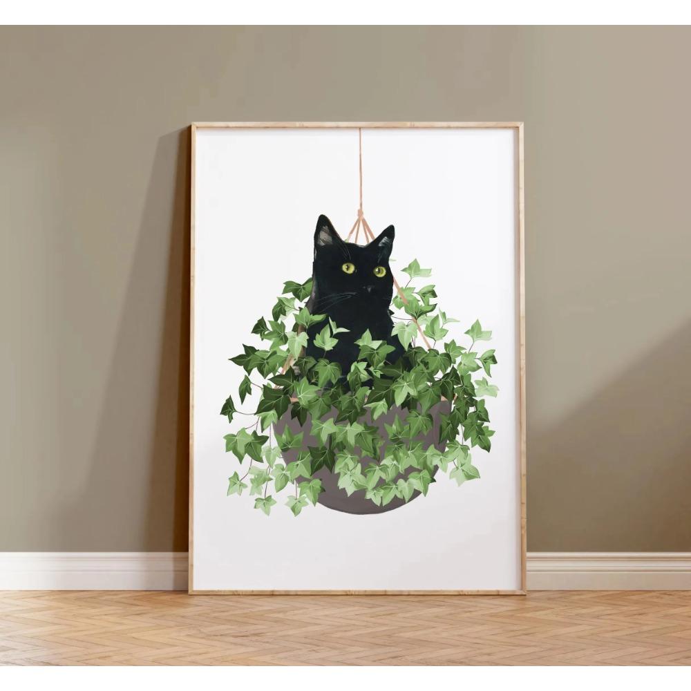 Watercolor Cute Kittens Potted Plant Canvas Print Cartoon Green Plants Animals Wall Art Postes for Modern Living Room Home Decor