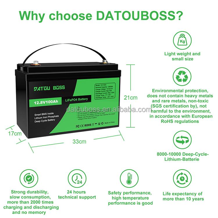 EU STOCK DATOUBOSS 12v 100ah Lifepo4 Battery Deep Cycle Energy Storage Lithium Ion Battery Pack for CAR RV BOAT