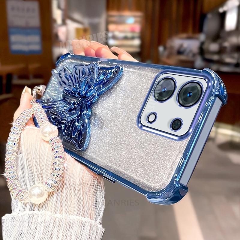 

Note13 Lanyard Plating Butterfly Holder Silicone Case For Xiaomi Redmi Note 13 Pro Plus 13pro Shockproof Stand Cover Note13pro Redmi Note 13 4G