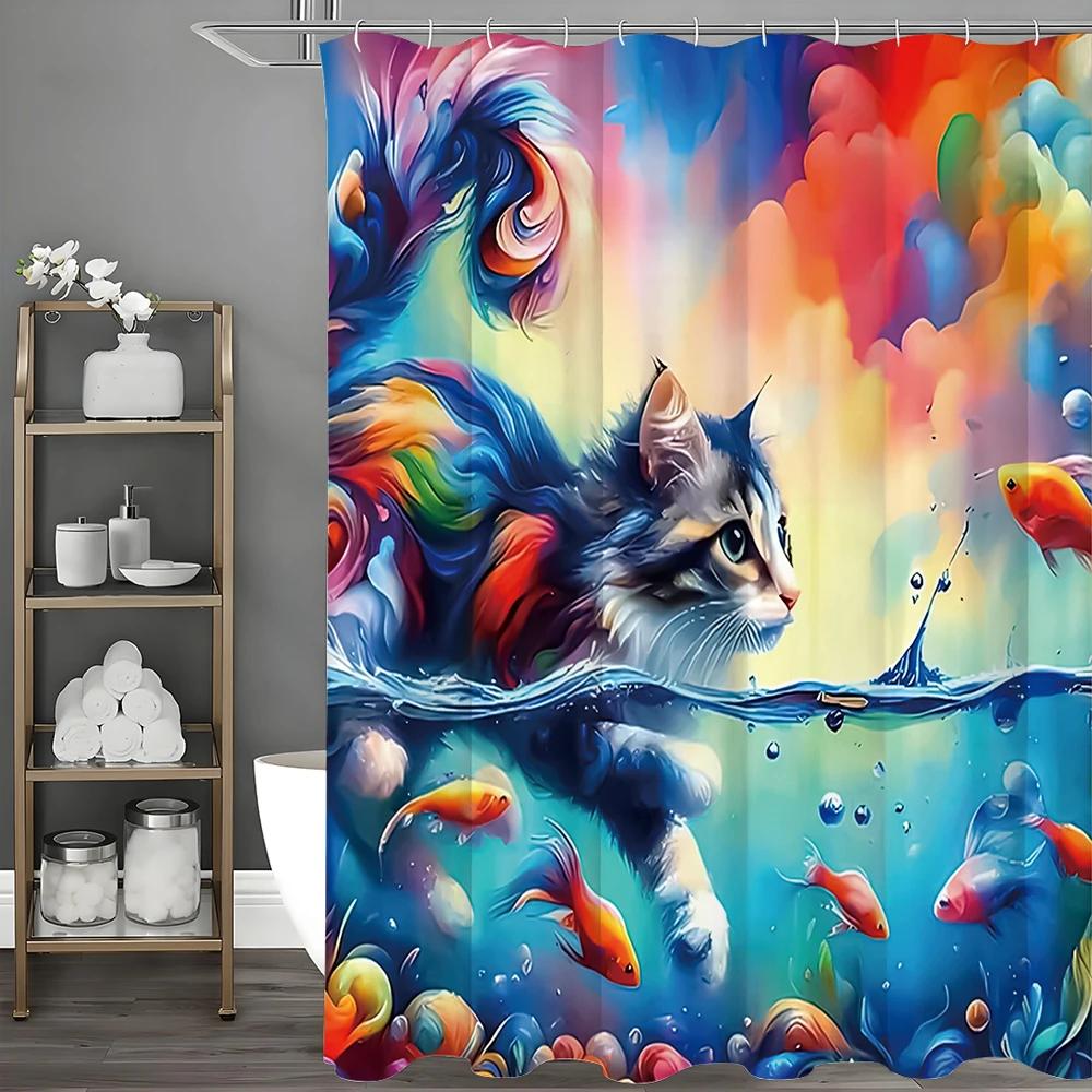 Cute Cat Swimming Goldfish Fantasy Sky Shower Curtain, Bathroom Decorative Shower Curtain, Waterproof Shower Curtain with Hooks