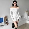 Pure desire Spice Girl style strap waist one-word shoulder long-sleeved dress women's autumn new slim-fitting sexy hip-wrapped short dress