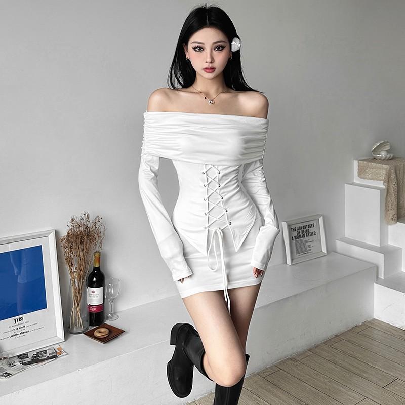 Pure desire Spice Girl style strap waist one-word shoulder long-sleeved dress women's autumn new slim-fitting sexy hip-wrapped short dress