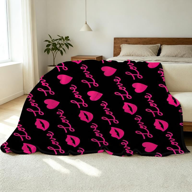 Flannel Fleece Blanket Soft Warm Heart & Lip Pattern Throw, Cozy Bedroom Home Decor, Perfect Valentine's Gift for Relaxation