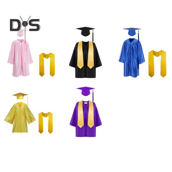 3-teiliges/Set Kinder-Kindergarten-Abschlussuniform mit Quastenhut und Schal, V-Ausschnitt, wadenlang, lange Ärmel, Reißverschluss, Grundschul-Abschlussrobe