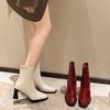 Fashion 2025 Autumn and Winter New High-end High-heeled Booties Women's Block Heel Square Toe White Skinny Boots