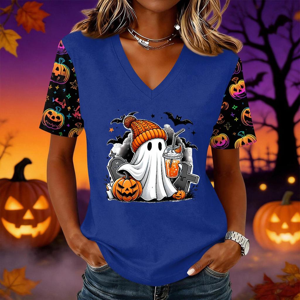 Women's Halloween Print V-Neck Short Sleeve Pullover Top for Casual Wear