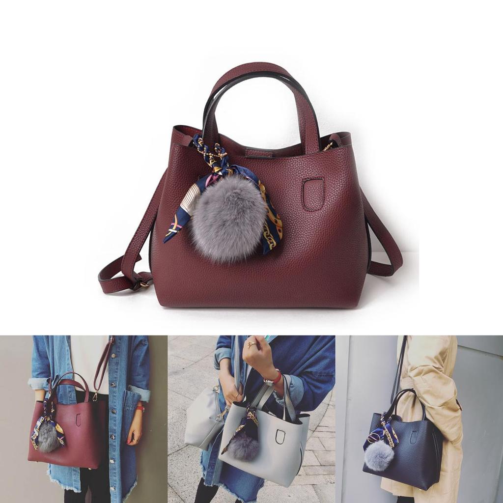 Premium Quality Women Handbags Set With Elegant Fur Ball And Silk Scarf For All Occasions