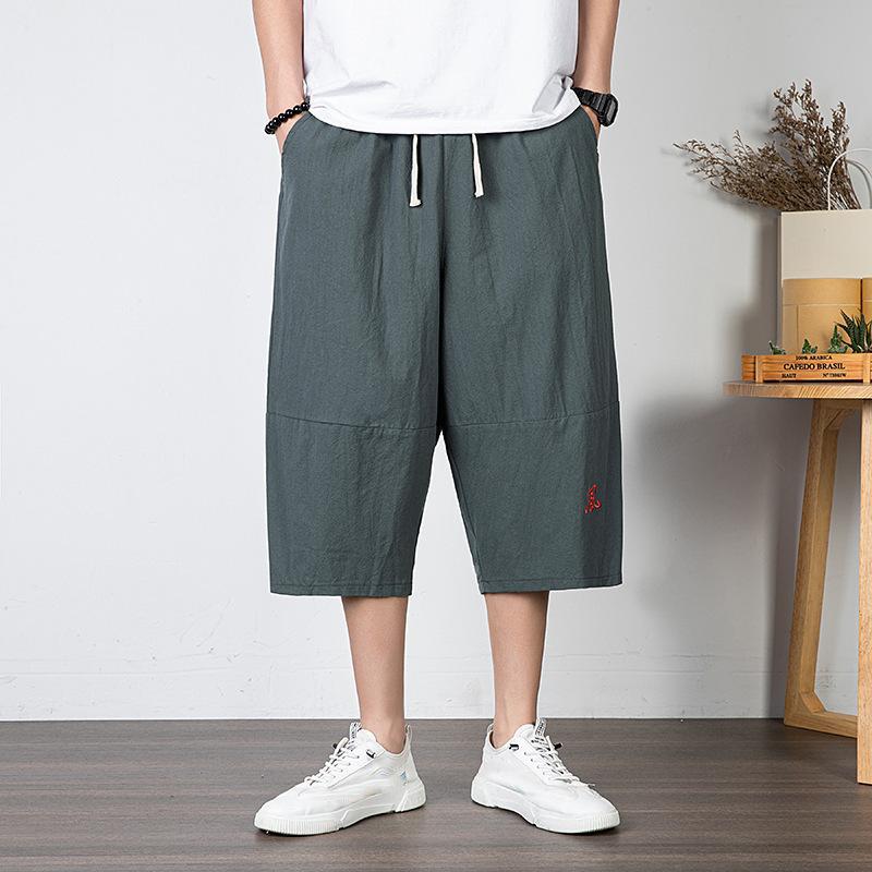 Trendy brand cropped pants men's linen shorts solid color Chinese style men's loose straight beach pants cotton and linen pants