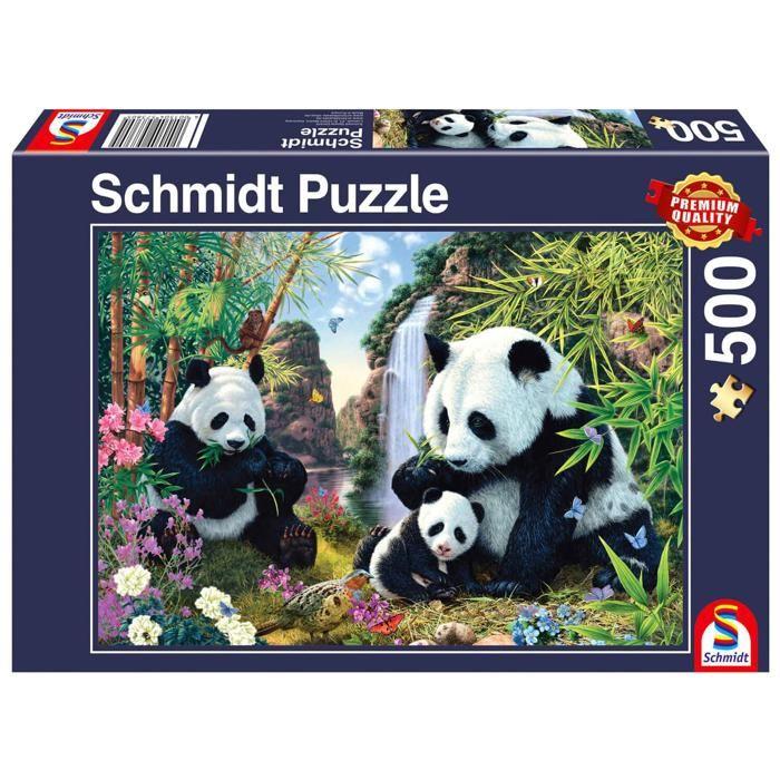 Puzzle 500 pièces : La famille panda à la cascade