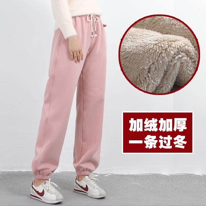Lamb Wool Autumn and Winter Fleece Thickened Sweatpants Women's Harlan Pants Loose Large Size Thermal Casual Pants Belt