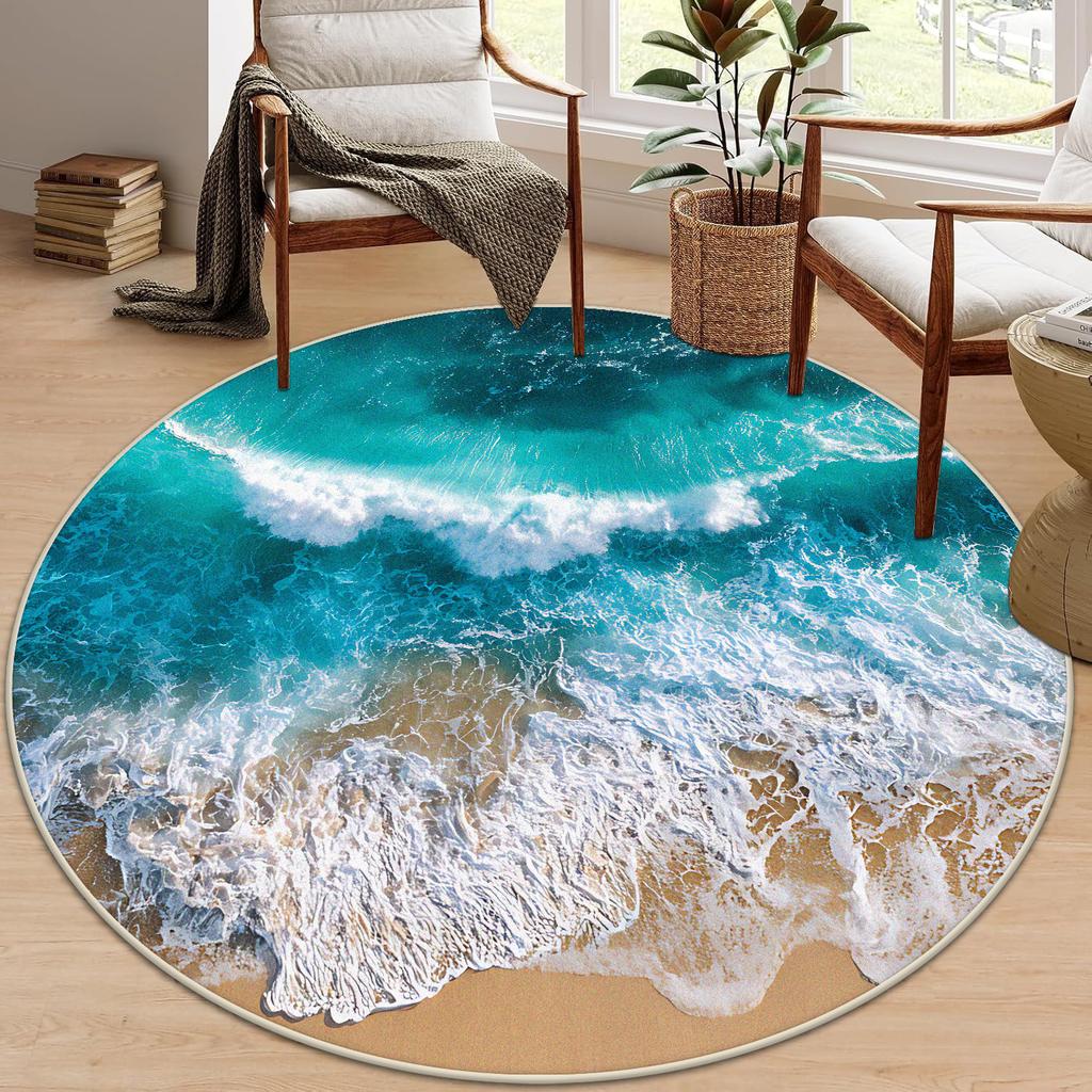 3D Beach Round Carpet Living Room Decoraiton Modern Light Luxury Large Room Lounge Rug Bedroom Decor Soft Fluffy Study Chair Mat