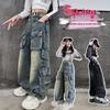 Girls' Cargo Jeans 2025: Trendy Street Dance Pants with Big Pockets for Spring and Autumn Performances