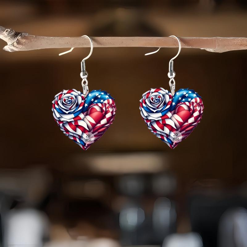 Acrylic American Flag Heart Earrings - Red, White & Blue Independence Day Accessories