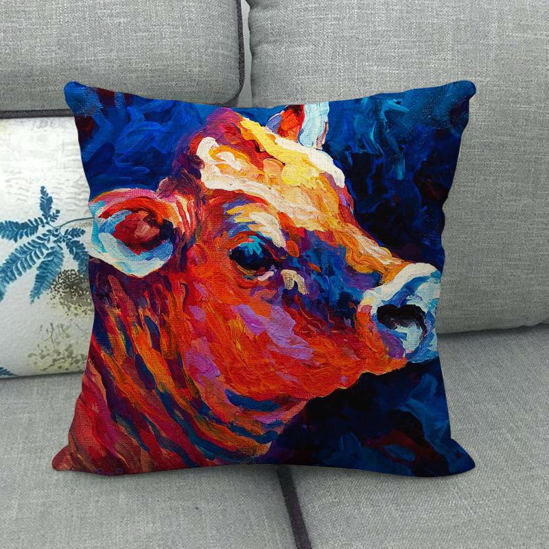 Cow-Themed Color Oil Painting Digital Printing Short Plush Pillow Covers For Car Sofa Office Cushion Cover Home Goods