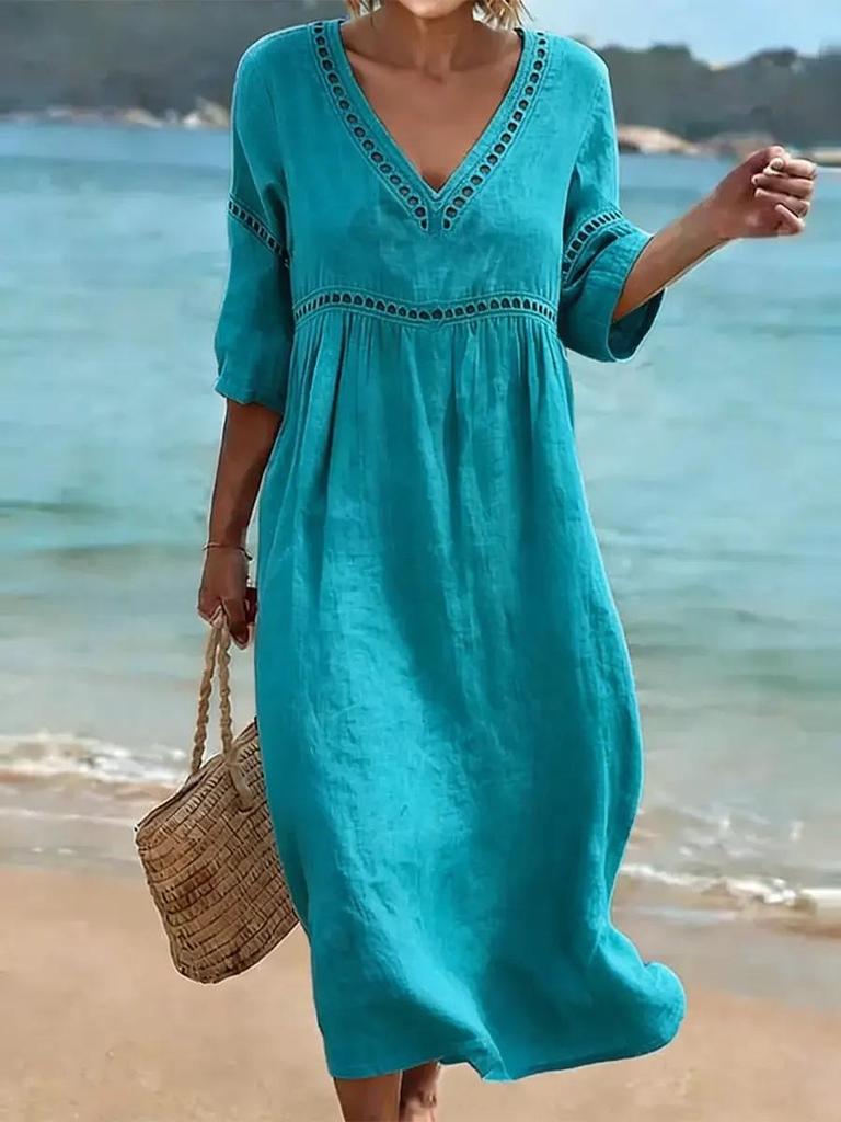 2026 Abito Elegante Casual da Donna a Scollo a V Monocolore Primavera/Estate