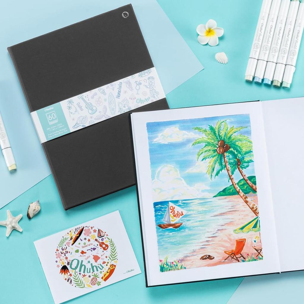 Cuaderno de Bocetos Ohuhu para Dibujo con Marcador Cubierta Negra x Rotuladores, Papel, No traspasa, (216mm 280mm)