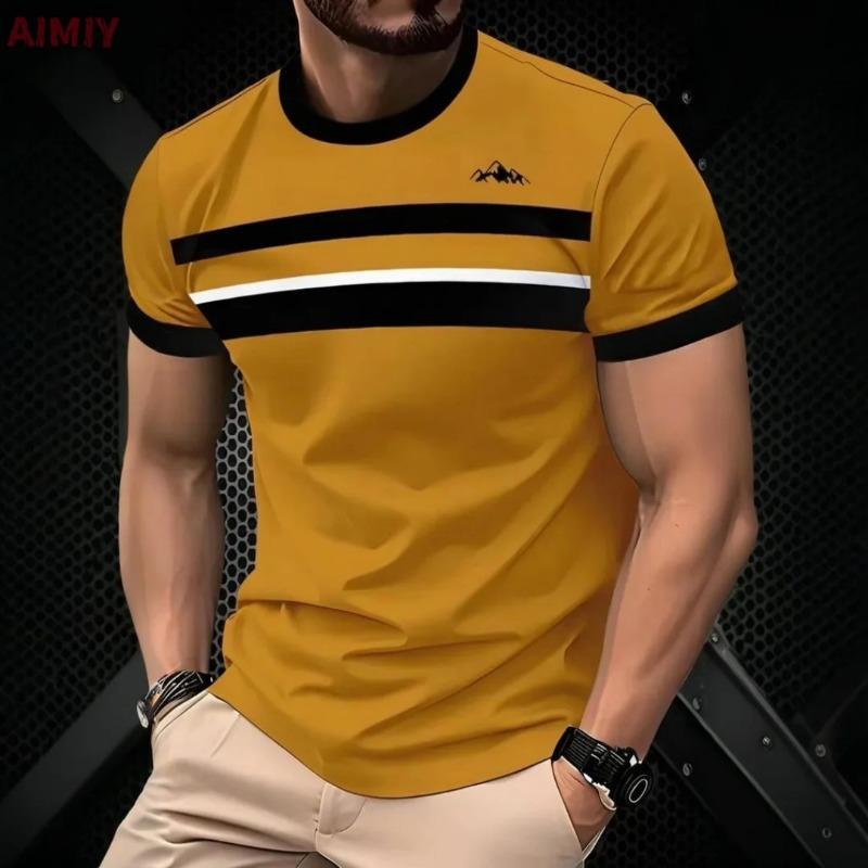 T Shirt Man Classic Men's Clothing Outdoor Round Neck Short Sleeve Top Stripe Print Street Loose T-Shirt