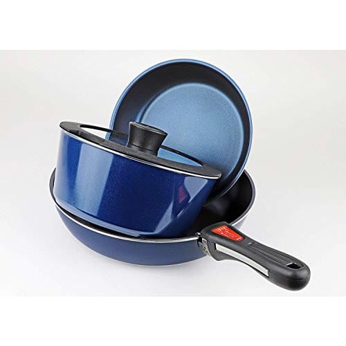 Pearl Metal 5-Piece Frying Pan and Pot Set, Induction Compatible, Dark Blue, Diamond Coat, Removable Handles, HB-3975