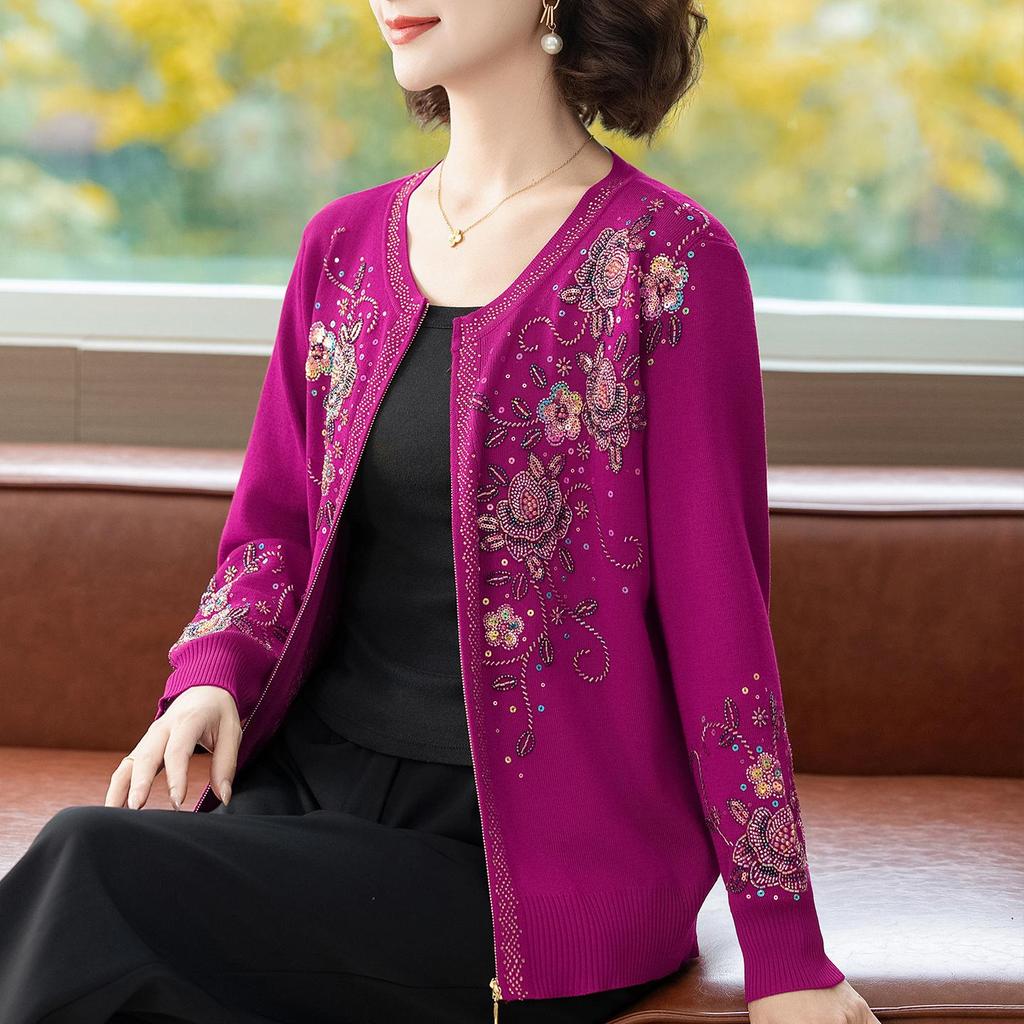 Cardigan Pesante Autunno/Inverno da Donna con Ricamo di Fiori Farfalla & Perline a Mano