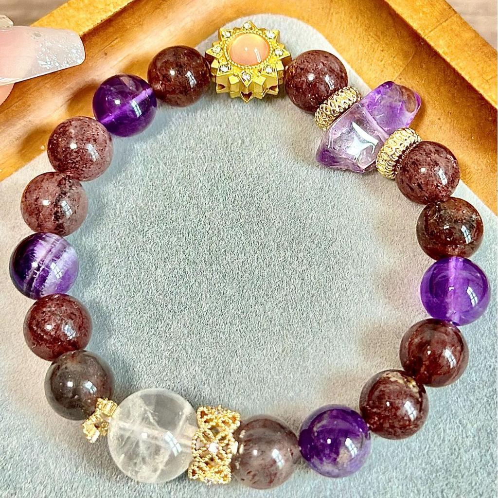 Natural Five Elements Multi-Gemstone White Crystal, Amethyst, Green Phantom Quartz, Strawberry Quartz Multi-Gemstone Single-Strand Bracelet for